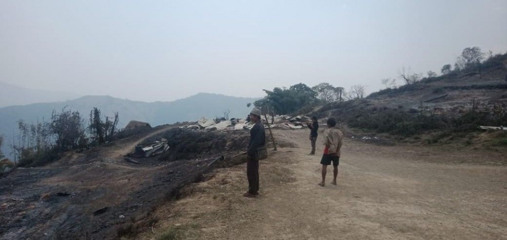 45 houses including a village morung and 6 granaries have been destroyed by an inferno at ravaged K Shan Longchan village in the Naga Self Administered Zone (NSAZ) of Myanmar on April 11.
